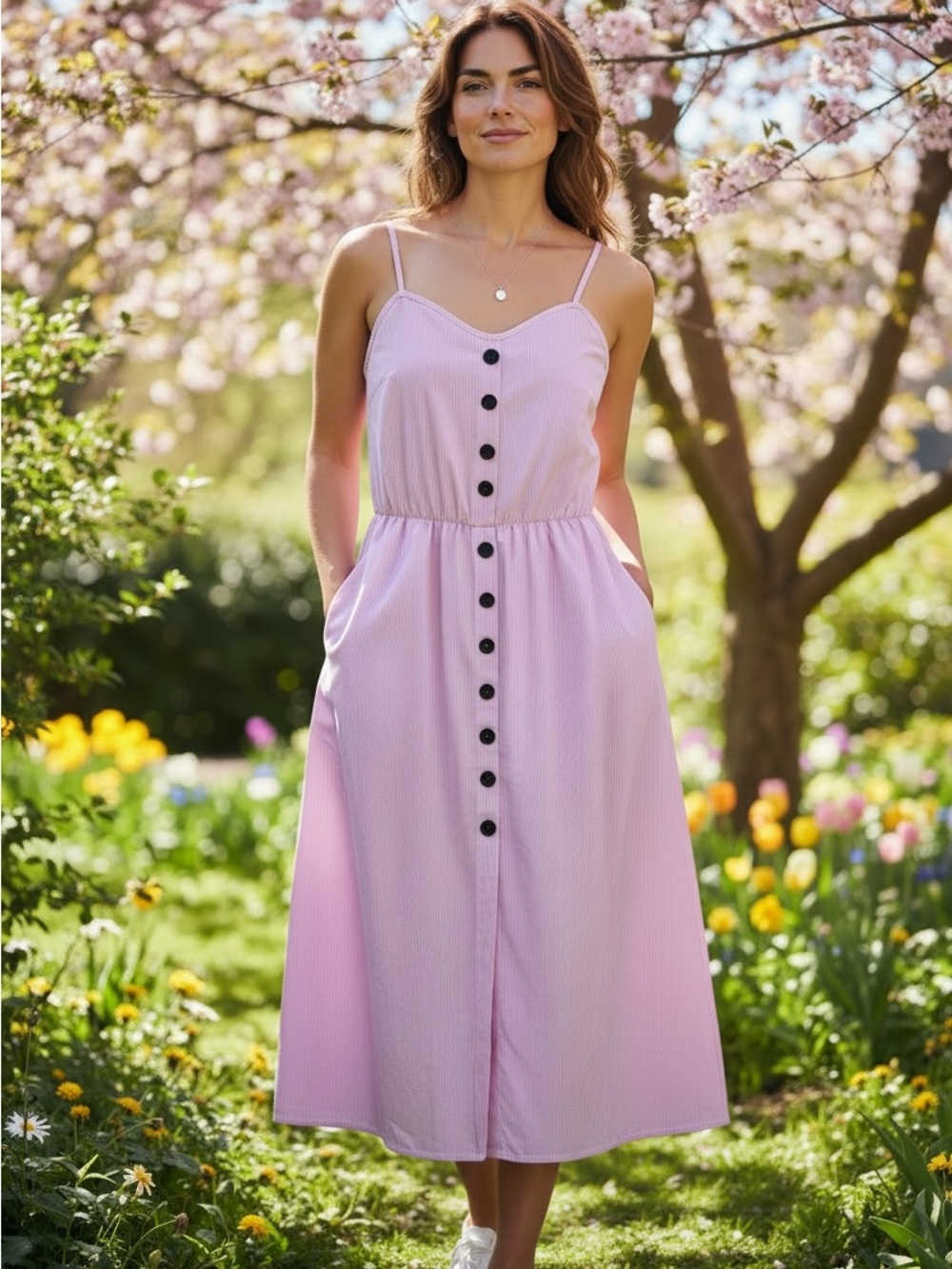 Vintage Pink Pinstripe Sundress Spaghetti Strap Button Midi Dress Pockets XL